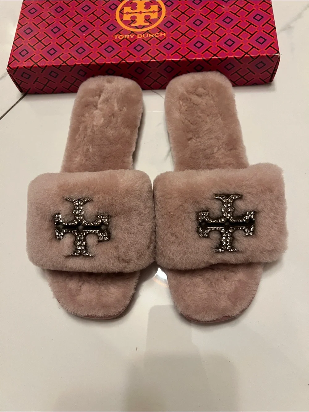 Tory Burch Blush Pink Faux Fur Slide Sandals with Crystal Logo